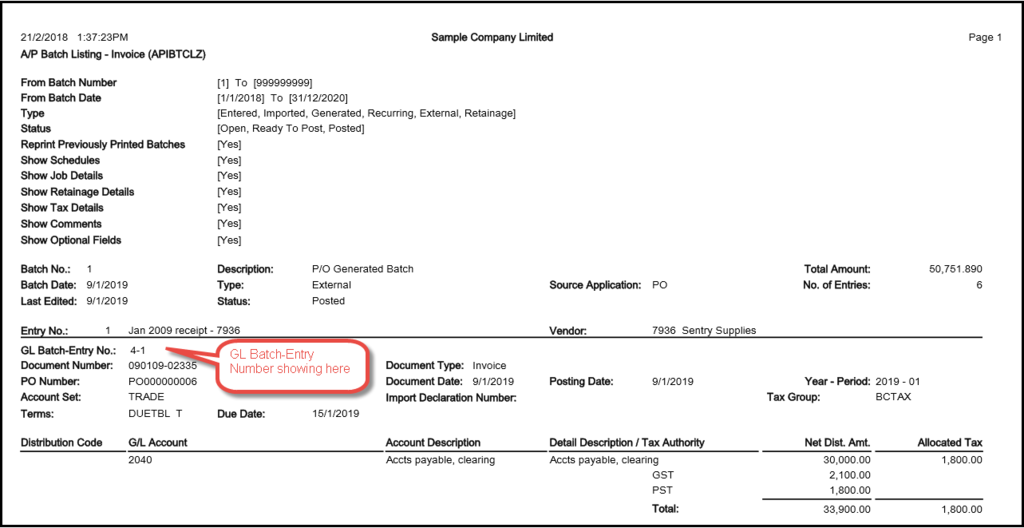 AP Batch Listing with GL Batch info