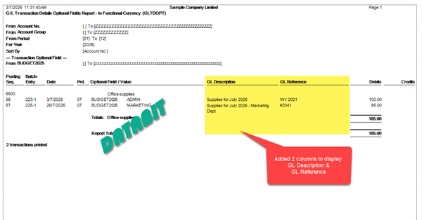 GL Trn Details OptionalFields report