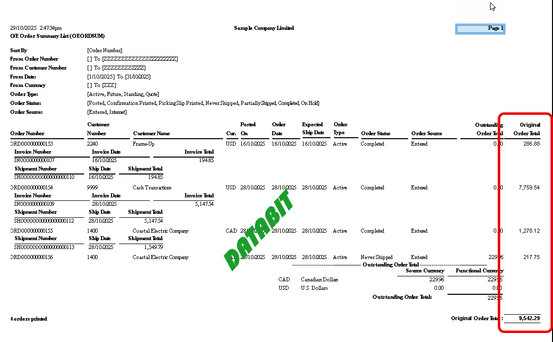 OE ORDER SUMMARY LIST