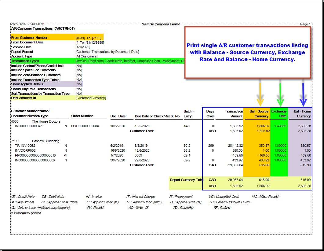 AR Customer Transactions report with dual currency