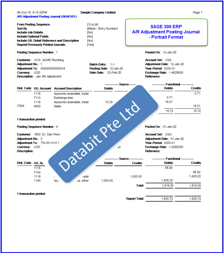 AR Adjustment Posting Journal in Portrait