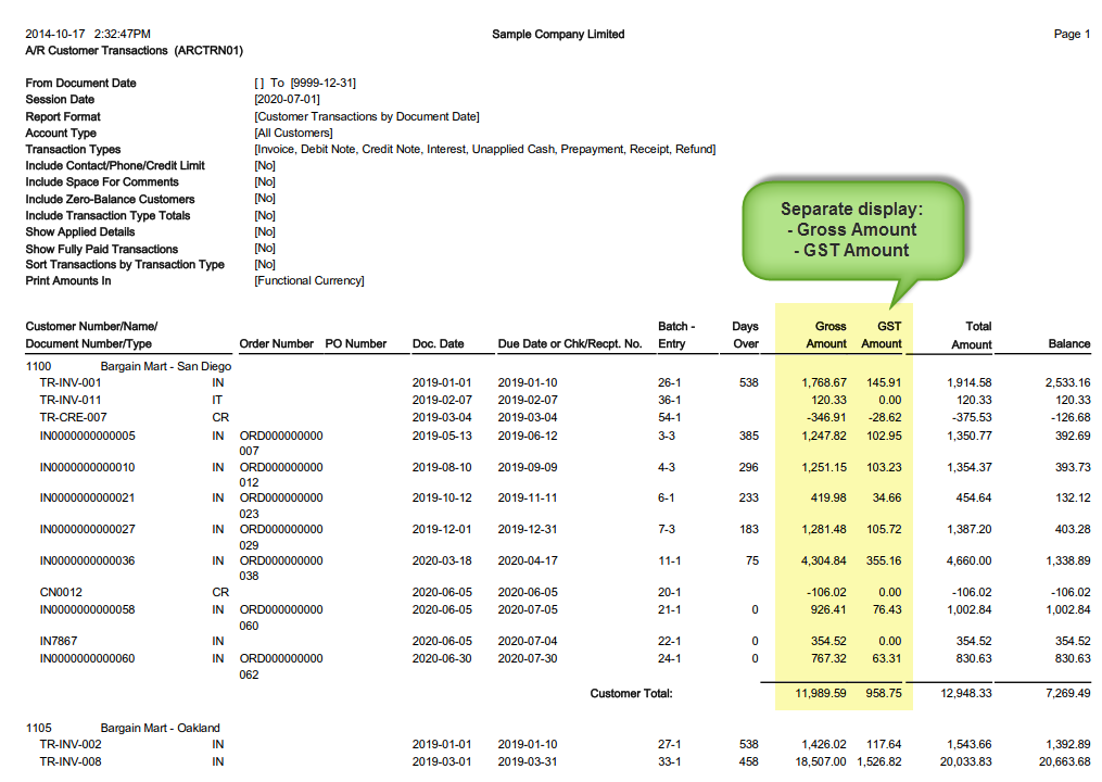 AR Customer Transactions report