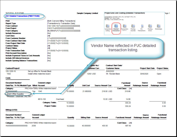 PJC and Job Costing (Detailed Transaction) Vendor Name