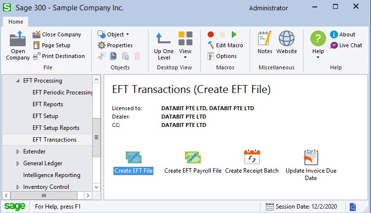 Sage EFT Screen