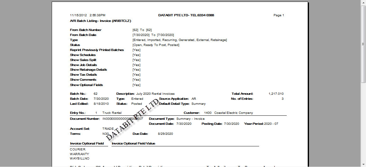 AR invoice Batch Listing in Portrait