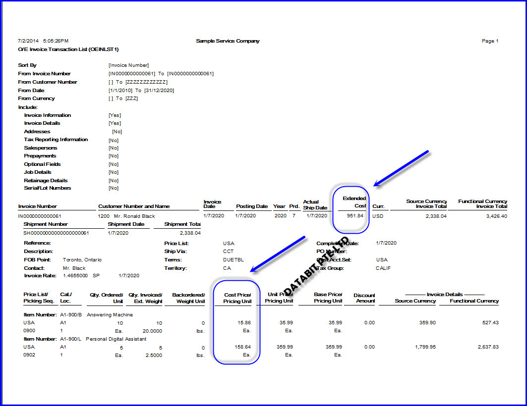 OEINVOICE REPORT ExtendedCost UnitCost Screehshot